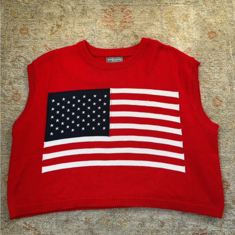 Sweet Love Oversized Red American Flag Cropped Sweater